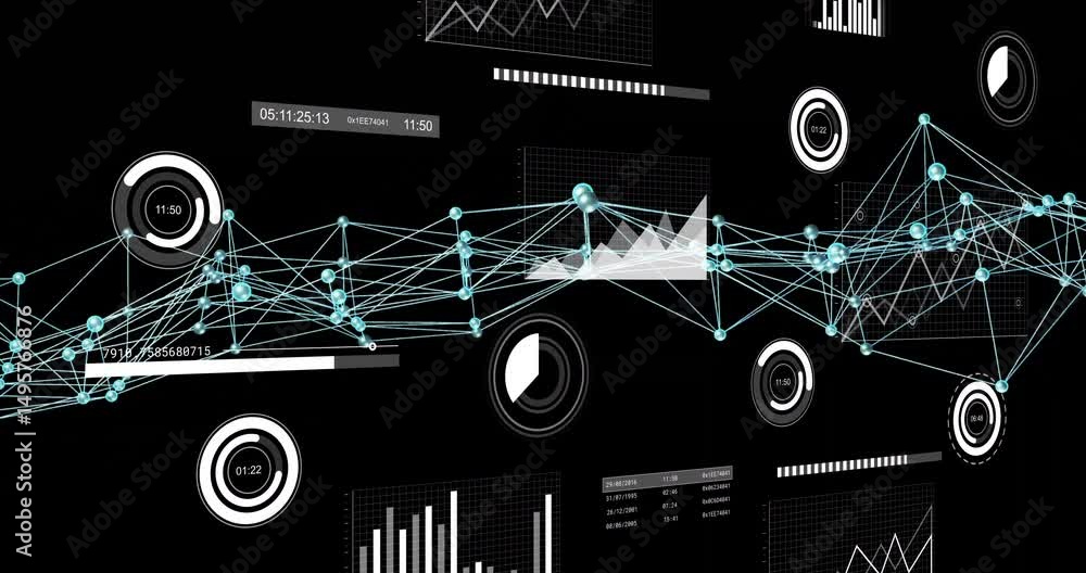Poster scene opening launching turquoise network nodes pulsing, visualizing changes and updating charts