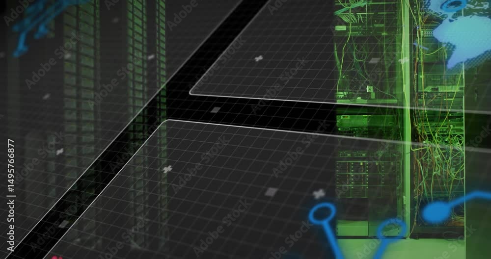 Poster upon startup 3d grid planes pulsing code animating blue node network mapping over server rack