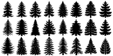 Fototapeta premium Evergreen Silhouettes – Nature’s Forms Description 3: An elegant collection of evergreen tree silhouettes illustrating their structural diversity and artistic appeal in a monochrome theme