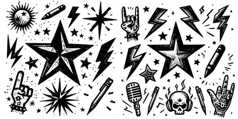 Classic Punk Rock Graphics, Visually striking punk rock graphics, showcasing classic icons like stars, lightning bolts, and rock music symbols