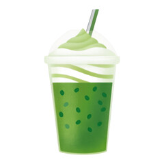 Green blended drink with whipped topping and straw in a to-go cup.