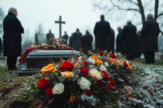 Mournful funeral scene with coffin, flowers, and grieving attendees near a cross