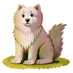 A fluffy white dog with pointed ears and a bushy tail sits attentively.