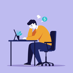 Frustrated man working on laptop at desk with plant in modern office  