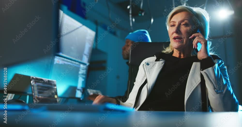 Poster night, woman and phone call at computer for cyber crime, negotiation or contact for scam. mature hac