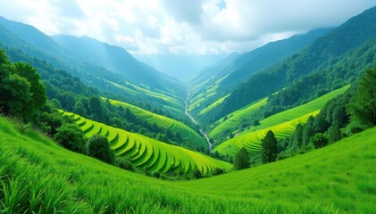 Naklejka premium Vibrant valley, terraced fields, lush green slopes, nature, flora