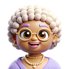 Fototapeta premium Cheerful elderly woman with round glasses, pearl jewelry, and curly white hair, wearing a purple sweater and smiling warmly.