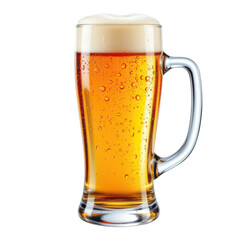 a pint glass filled with golden craft beer topped with frothy foam, condensation on glass, on transparent background