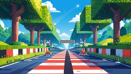 Pixelated paradise: kart racing on a vibrant track beneath geometric trees and skies