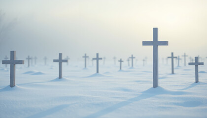 Winter Cemetery Covered in Fresh Snow with Aligned Wooden Crosses Fading into Dense Morning Fog, Symbolizing Remembrance, Silence, and Eternal Peace in Frozen Landscape