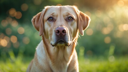 Labrador Retriever dog portrait in an outdoor setting with a soft focus background
