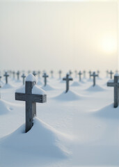 Winter Cemetery Covered in Fresh Snow with Aligned Wooden Crosses Fading into Dense Morning Fog, Symbolizing Remembrance, Silence, and Eternal Peace in Frozen Landscape