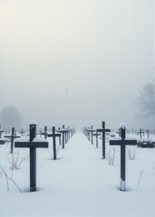 Winter Cemetery Covered in Fresh Snow with Aligned Wooden Crosses Fading into Dense Morning Fog, Symbolizing Remembrance, Silence, and Eternal Peace in Frozen Landscape
