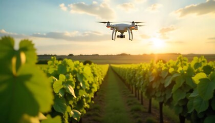 A drone flying over a vineyard, smart tech used for monitoring the fields in agriculture, automation and innovation through artificial intelligence created with generative ai