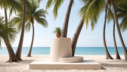 stage for an empty podium or pedestal platform, cosmetic products in mockup, product display platform with palm tree backdrop, created with generative ai
