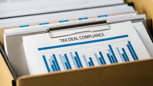 Tax deal compliance concept. A close-up of a file folder containing a report labeled "Tax Deal Compliance" with bar charts and data analysis.
