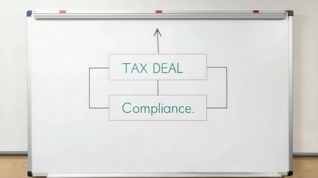 Tax deal compliance concept. A whiteboard displays a simple flow chart connecting "TAX DEAL" and "Compliance." with lines and an upward arrow.