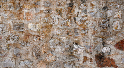 Brown embossed stone in cement wall for abstract background and texture for interior or exterior design. Beautiful patterns, banner, wallpaper close up.