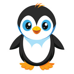 A fluffy baby penguin with bright blue eyes and orange feet stands looking forward with white background