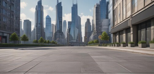 Modern city skyline backdrop, poster mockup on sidewalk, marketing, perspective, advertising