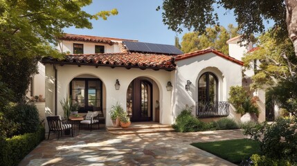 A stunning image of spanish Revival Villa in Santa Barbara with Red-Tiled Roof, Arched Doorways, Wrought-Iron Details, and Solar Panels, Traditional Architecture with Modern.