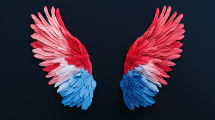 Obraz premium Red, white, and blue angelic wings on dark background displaying a symmetrical feather design