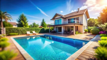 Fototapeta premium Tilt-Shift Miniatures: Modern House Swimming Pool, Clear Sky - Aerial View Photography