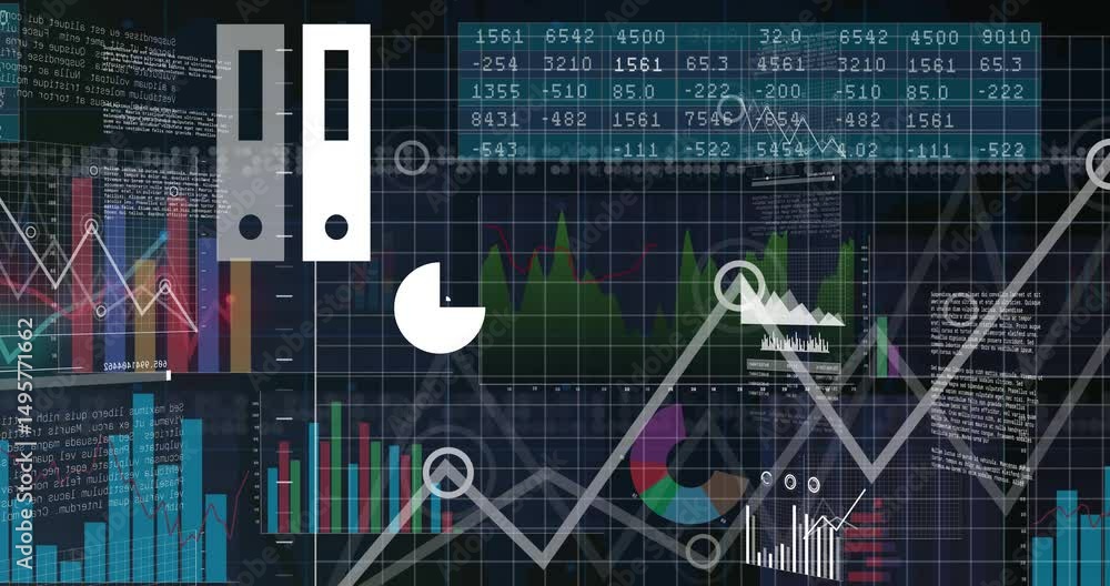 Poster opening dashboard laptop cloud icon pulsing while bar and pie charts animating showing analytics