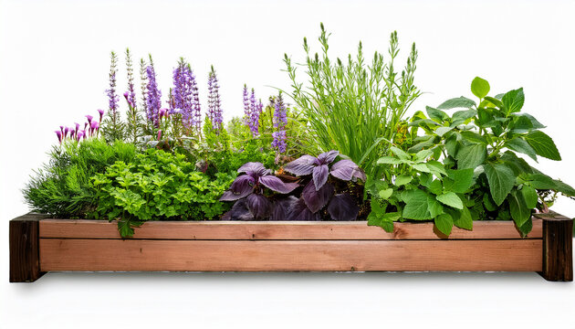elevated wooden garden bed filled with various vibrant green and purple herbs and plants isolated on a white background
