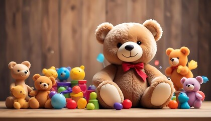 Adorable bear and colorful toys displayed on a wooden desk with an abstract light background, created with generative ai