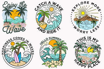 Summer T-Shirt Design Bundle – Surfboards, Waves, Palm Trees, Beach Sunset, Tropical Vibes, Ocean Quotes – Editable Vector Illustration for Sublimation, POD, and Apparel