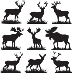 Nine Black Silhouettes of Deer and Moose in Grass