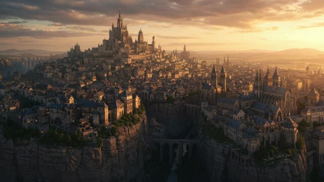 Medieval-inspired fantasy city with tall spires and dramatic lighting