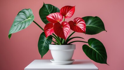 Fototapeta premium White table featuring a heart-shaped flower in a white pot against a pink background.