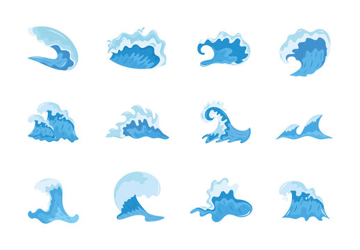Blue And White Ocean Wave Surf Sea Water Splash Illustrations Set