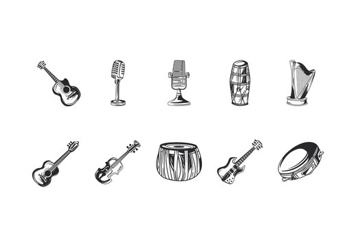 Black And White Jazz Guitar Microphone Violin Music Illustrations Set