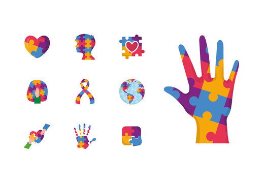 Red And Blue Autism Awareness Puzzle Heart Hand Globe Illustrations Set