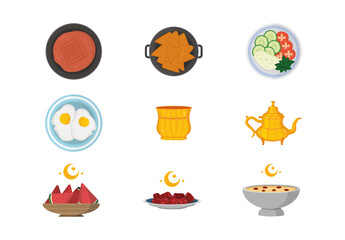 Yellow And Red suhoor breakfast food drinks fruit muslim Illustrations Set