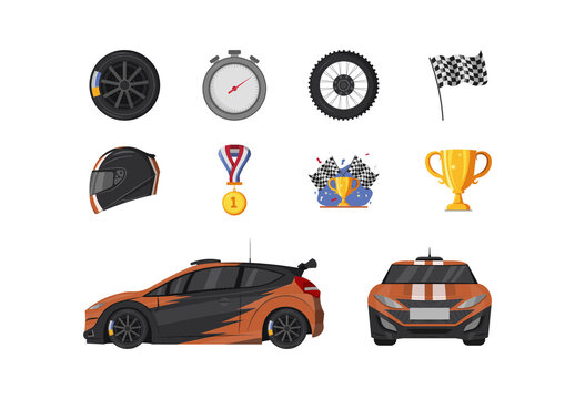 Black And Orange Racing Car Helmet Trophy Stopwatch Illustrations Set