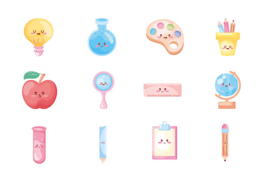 Pink And Yellow school learning cute stationery fun Illustrations Set