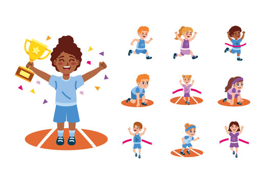 Blue And Purple runners children happy sports race Illustrations Set