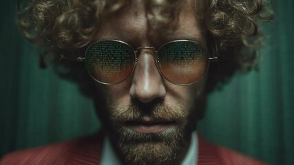 Mysterious man with curly hair wearing stylish glasses reflecting digital code stares intently on a dark teal background, representing themes of cybersecurity, technology, or data analysis