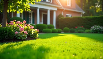 Obraz premium Beautiful manicured lawn and flowerbed with shrubs in sunshine residential house backyard background., created with generative ai