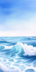 Obraz premium Calm ocean waves under a clear blue sky with sunlight reflecting on the water's surface
