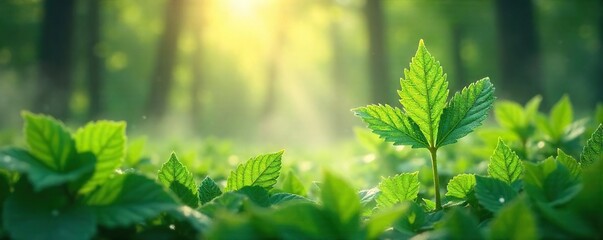 Fototapeta premium Early morning mist clinging to lush green leaves, sunlight filtering through, creating a magical, ethereal scene Perfect for nature, serenity, and fantasy themes , mystical, mist, fog