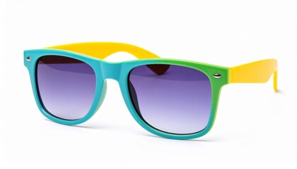 Fototapeta premium Fancy colored sunglasses over white background, summer vacation concept