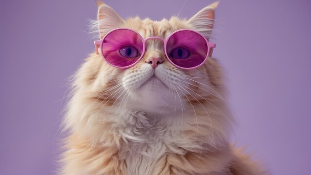 Amusing kitty with trendy sunglasses looking at unoccupied space on a violet background. Greeting card, pet boutique, eyewear outlet, vet clinic, creative marketing poster idea. Sale, promotional