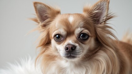 Fototapeta premium Isolated background featuring a close-up of a long-haired chihuahua dog.