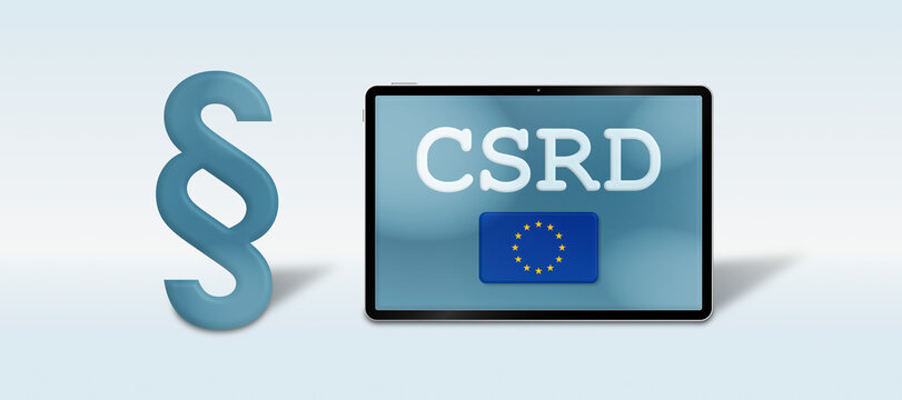 Illustration of a paragraph symbol next to a tablet displaying “CSRD” and the EU flag, representing the Corporate Sustainability Reporting Directive and European ESG reporting regulations.
