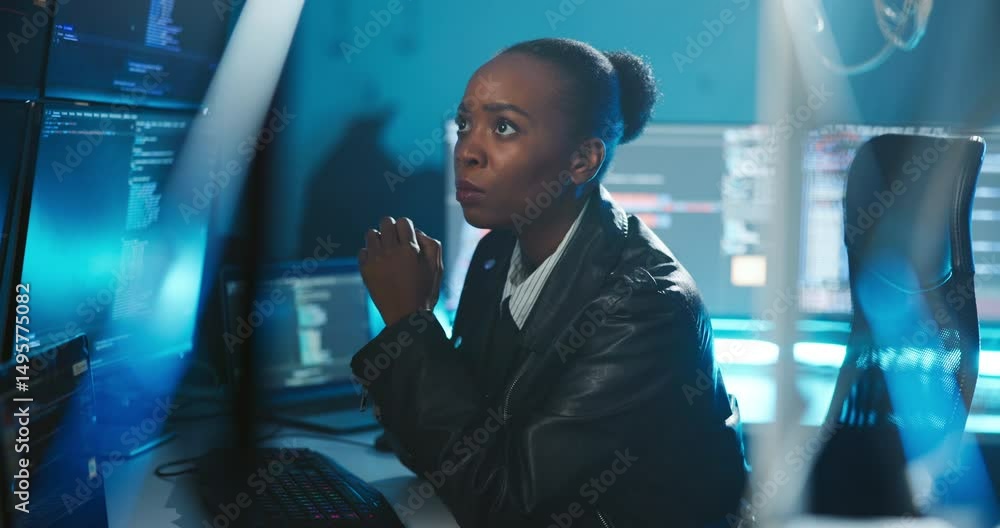 Fototapete Night, computer and black woman with coding, thinking and IT technician with malware. African person, programmer and employee with pc, firewall and research for hacker, virus and cyber security